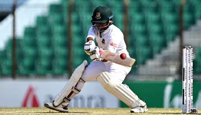Bangladesh's Zakir Hasan plays a shot during the fourth day of the first cricket Test match between Bangladesh and India at the Zahur Ahmed Chowdhury Stadium in Chittagong on December 17, 2022 || AFP Photo