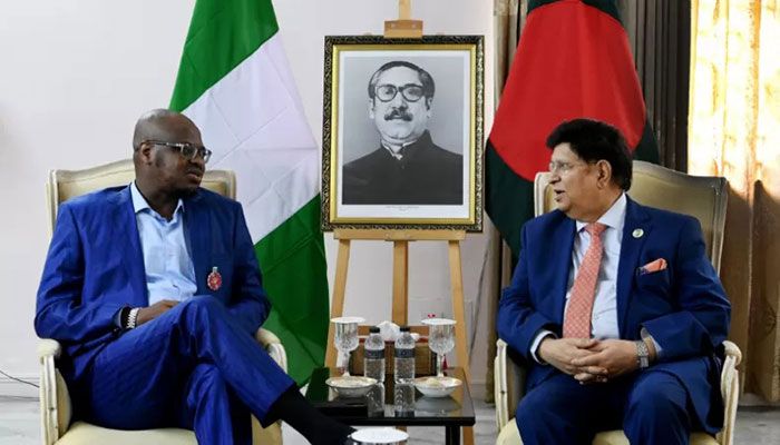 The Nigerian delegation, led by Communication and Digital Economy Minister Professor Isa Ali Ibrahim Pantami meets Foreign Minister AK Abdul Momen at State Guest House Padma on Saturday || Photo: Collected  