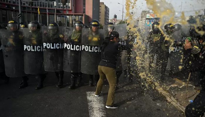 A woman clashes with riot police during a protest against the government of President Dina Boluarte in Lima || AFP Photo