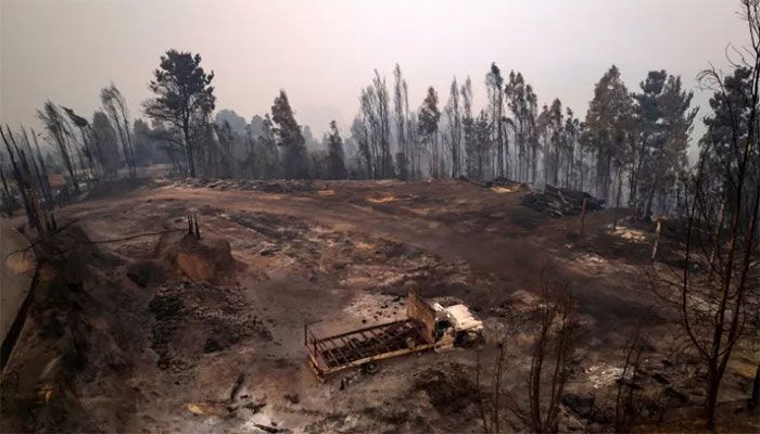Aereal view of a burned area after the forest fire in Santa Juana, Concepcion province, Chile on February 5, 2023 || AFP Photo