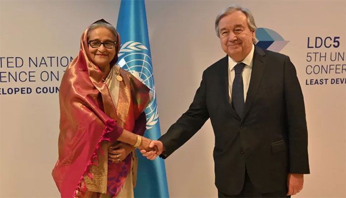 Prime Minister Sheikh Hasina meets United Nations Secretary-General António Guterres at the bilateral meeting Room of Qatar National Convention Centre in Doha on Saturday || Photo: Collected  