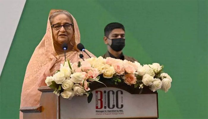 Prime Minister Sheikh Hasina addressing a programme to observe National Insurance Day 2023 at the BICC on Wednesday|| Photo: Collected  