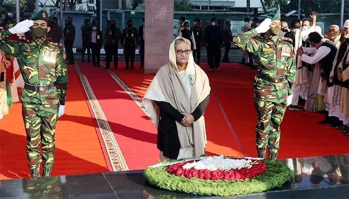 Prime Minister Sheikh Hasina paid homage by placing a wreath at the portrait of Bangabandhu, the greatest Bangalee of all times, in front of Bangabandhu Memorial Museum at Dhanmondi Road No. 32 here this morning.