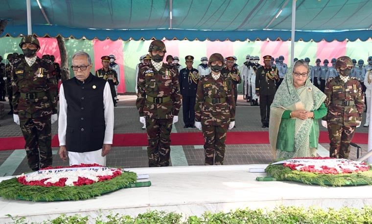 President M Abdul Hamid and Prime Minister Sheikh Hasina in person paid their homage by placing wreaths at the mausoleum of Bangabandhu at Tungipara in Gopalganj at about 10:30 am.