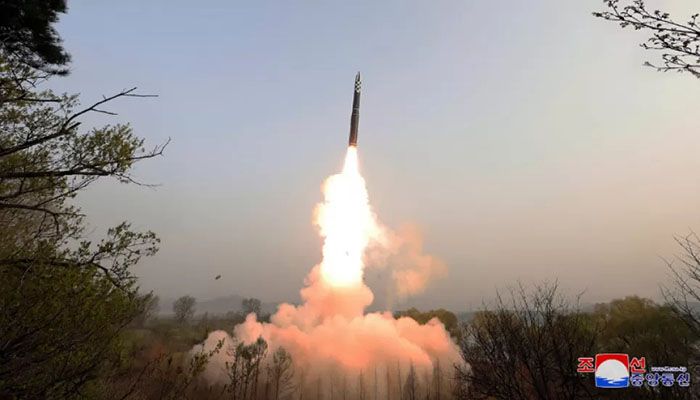 The picture taken on April 13, 2023 and released by North Korea's official Korean Central News Agency (KCNA) on April 14 shows the test-fire of the new Hwasongpho-18 ICBM at an undisclosed location in North Korea || AFP Photo
