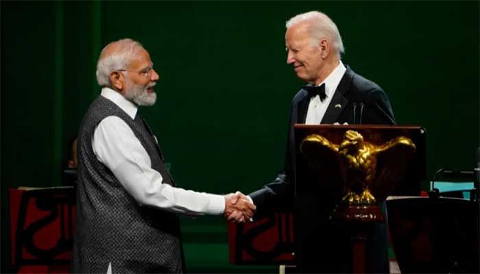 US President Joe Biden and India's Prime Minister Narendra Modi shake hands during an official State Dinner in honor of India's Prime Minister Narendra Modi, at the White House in Washington, DC, on June 22, 2023 || AFP Photo