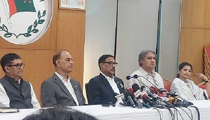 Awami League General Secretary Obaidul Quader at the press conference after the meeting with the US ambassador. Image: Collected
