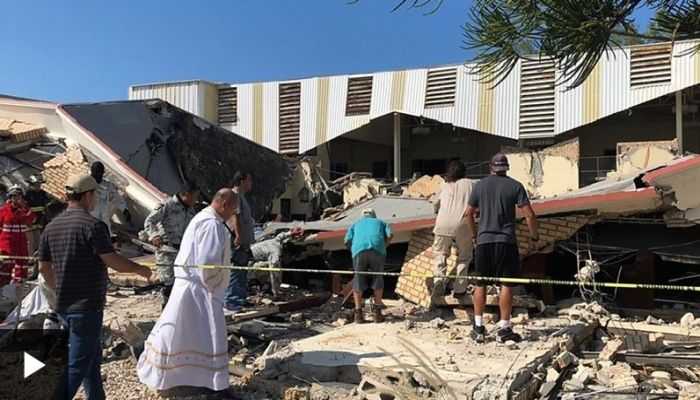 Moment Mexican church roof collapses caught on CCTV. Image: BBC