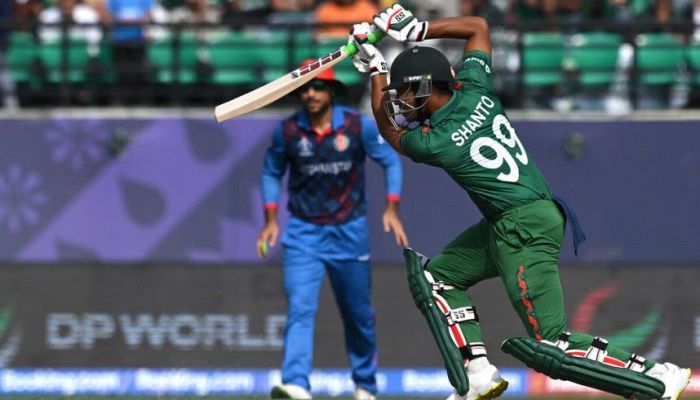 Shanto plays a shot during the 2023 ICC Men's Cricket World Cup match between Bangladesh and Afghanistan at the Himachal Pradesh Cricket Association Stadium in Dharamsala on October 7, 2023 || Photo: AFP