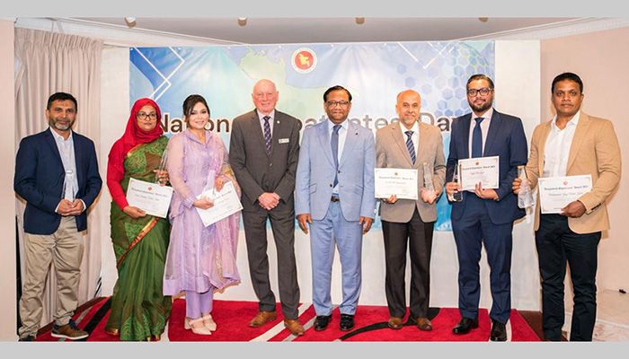 The Bangladesh High Commission on Saturday conferred nine expatriate Bangladeshis with the award for their lawful remittance sending, importation of Bangladeshi products, and contributions to art, literature, and research || Photo: Collected