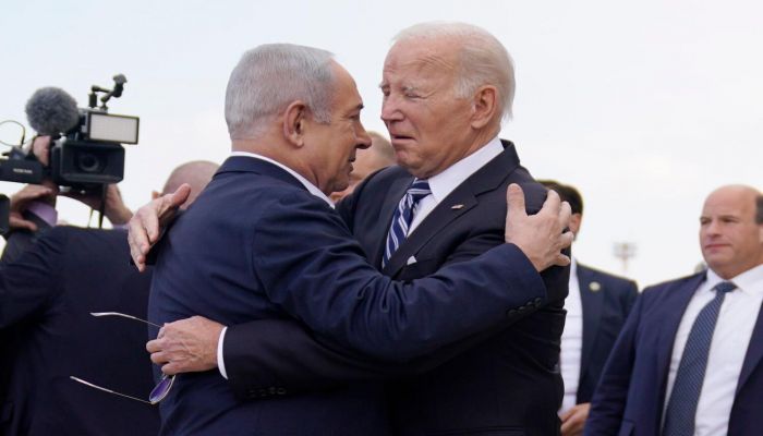US President Joe Biden And Israeli Prime Minister Benjamin Netanyahu Emraccing Each Other. Photo: Collected