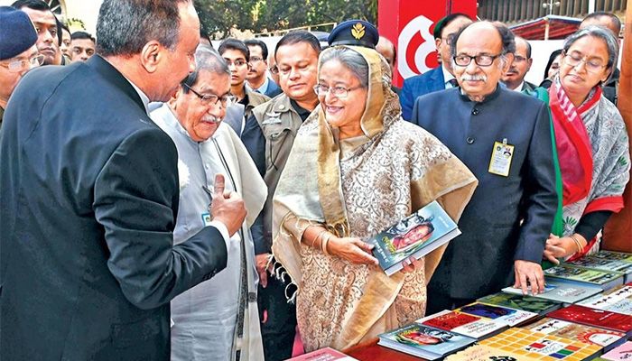 Prime Minister Sheikh Hasina visiting a stall after inaugurating the month-long Amar Ekushey Book Fair on Bangla Academy premises in 2019 || Photo: Collected