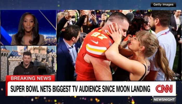 Taylor Swift And Travis Kelce Celebrating Super Bowl Winning Moments. Photo: CNN