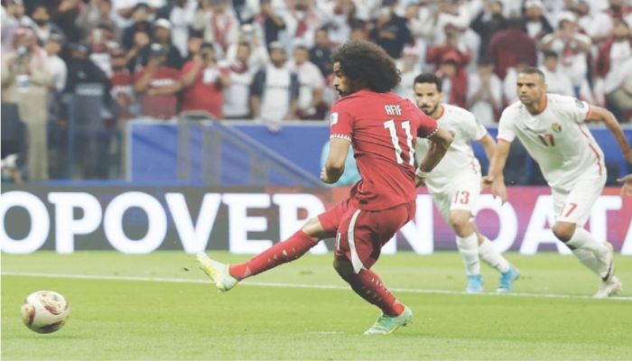 Qatar’s Akram Afif Scores From The Penalty Spot During The Asian Cup Final At The Lusail Stadium On Saturday. Photo: Reuters