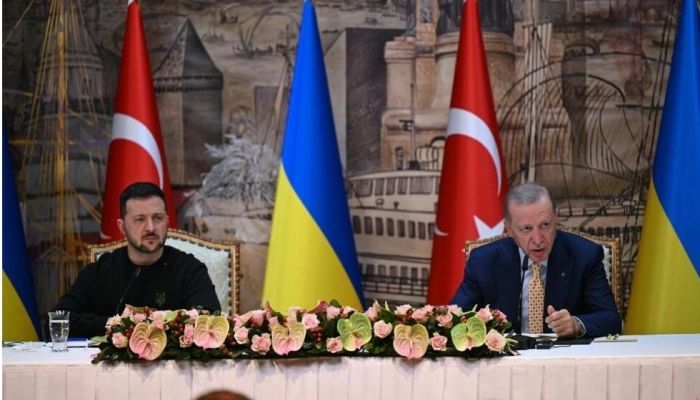 Turkish President Recep Tayyip Erdogan (R) And Ukrainian President Volodymyr Zelensky Attend A Joint Press Conference At The Dolmabahce Presidental Office In Istanbul On March 8, 2024. Photo: AFP