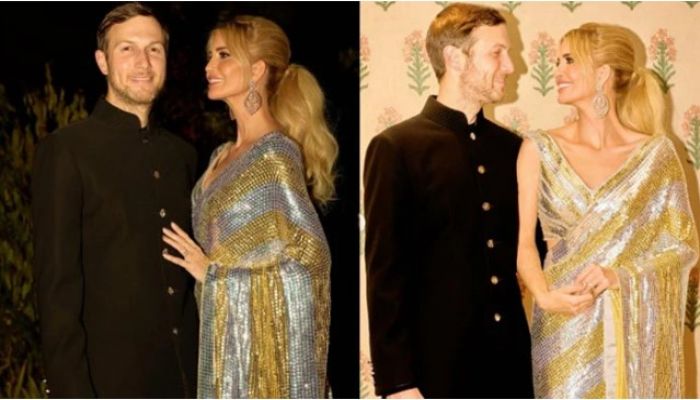 Ivanka Trump (Right) In A Sequined Saree Posing With Her Husband Jared Kushner. 