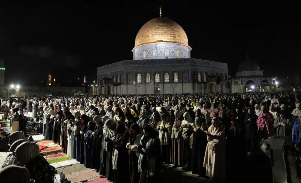 Muslims pray at Al-Aqsa Mosque on Laylat al-Qadr, or the night of power, that takes place during the last 10 days of Ramadan.