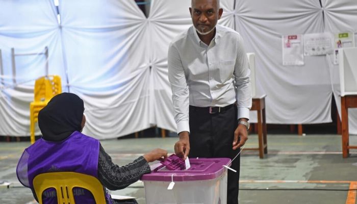 Maldives President Mohamed Muizzu Casts His Ballot In The Country's Parliamentary Election On Sunday. Photo: AFP