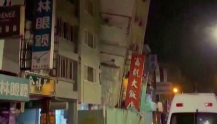 A Hotel, Which Is Not In Operation After It Was Previously Damaged In An Earlier Quake On April 3, Tilts To One Side Following A Series Of Earthquakes, In Hualien, Taiwan April 23, 2024. Still Image Taken From Video: Reuters 