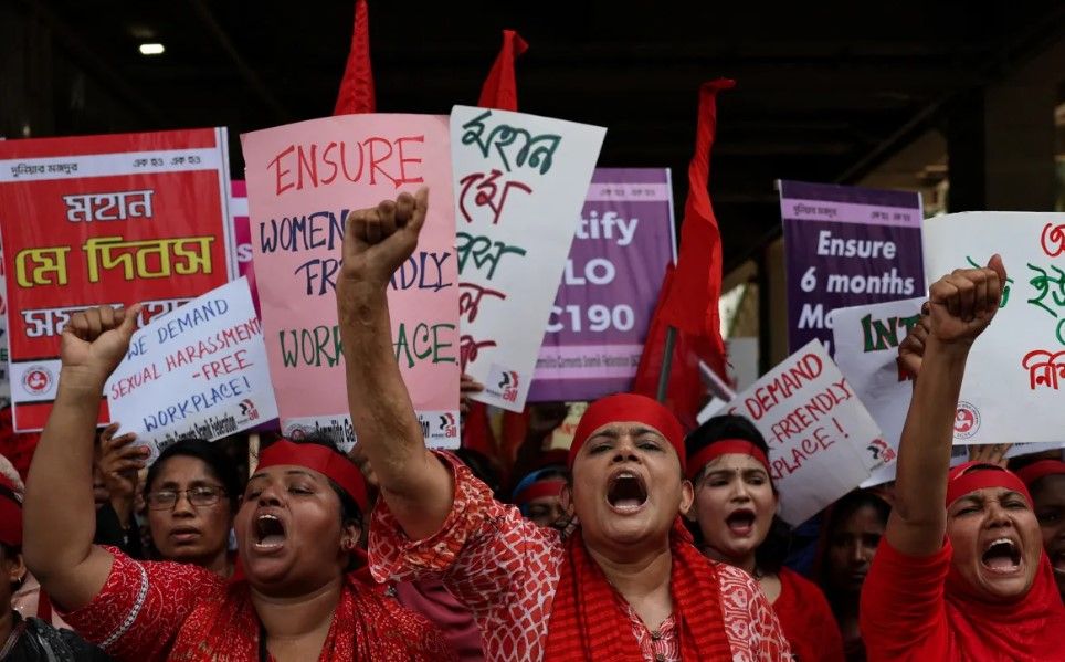 Garment workers shout slogans as they mark May Day in Dhaka, Bangladesh.